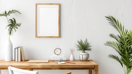 Interior of modern living room with white walls, concrete floor, wooden mock up poster frame and plants