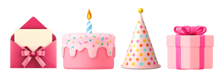 3d birthday objects png element set on transparent background