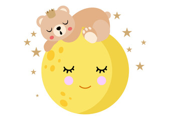 Little teddy bear sleeping on top of cute moon