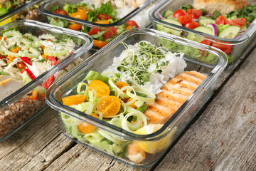Healthy meal. Containers with different products on wooden table, closeup
