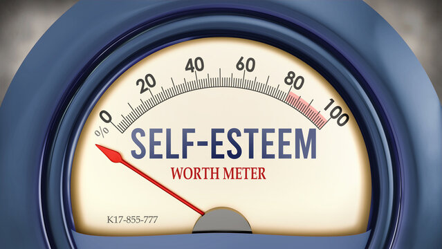 Self-Esteem and Worth Meter that hits less than zero, showing an extremely low level of self-esteem, none of it, insufficient. Minimum value, below the norm. Lack of self-esteem. ,3d illustration