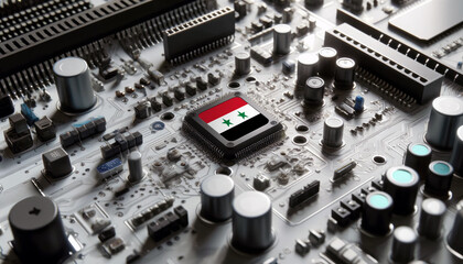 Fototapeta premium Close-up of a microchip with the Syria flag, highlighting Syria leadership in technology and electronics