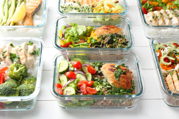 Healthy meal. Containers with different products on white wooden table
