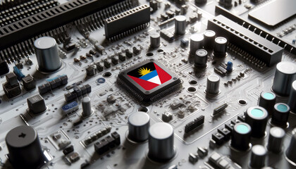 Close-up of a microchip with the Antigua and Barbuda flag, highlighting Antigua and Barbuda leadership in technology and electronics