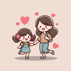 Cute Illustration Mom and Daughter Design