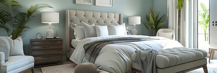 A freshly renovated bedroom with a comfortable bed, modern furniture, and stylish decor. The room is painted a light blue, making it feel inviting and relaxing. Generative AI