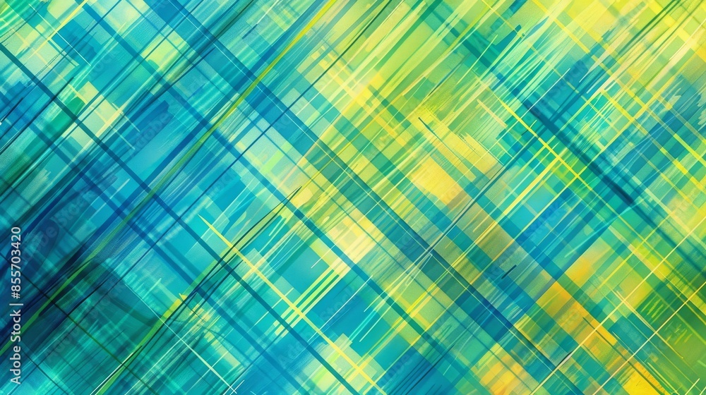 Poster abstract artwork featuring intersecting geometric lines in shades of blue and yellow, creating a vib