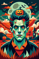 A painting of a zombie with a pumpkin on his head, created by a skilled artist