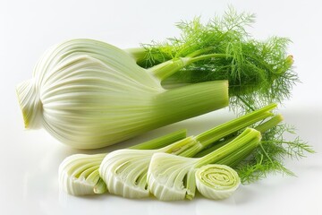 A realistic fennel, fresh vegetable, detailed green fronds, isolated on white background