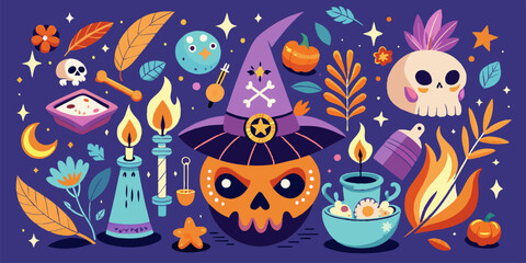 An image of a pumpkin with witch hat, candles, and skulls, displayed creatively