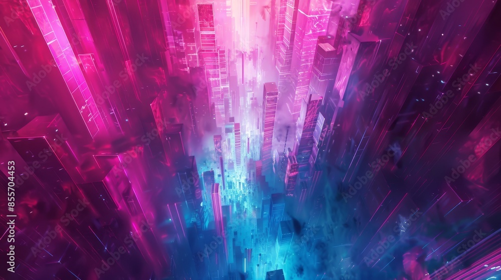 Poster abstract depiction of a futuristic cityscape with neon lights in shades of pink and blue, creating a