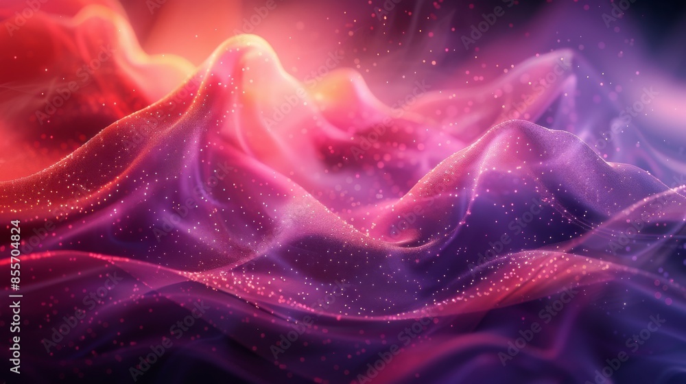 Poster abstract design featuring flowing fabric in pink and purple hues, adorned with sparkling particles, 
