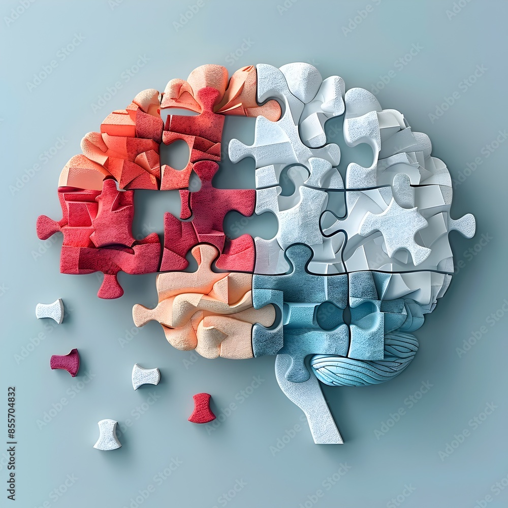 Poster conceptual brain composed of interconnected puzzle pieces symbolizing cognitive functions and proble