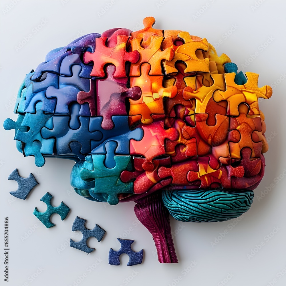 Poster colorful puzzle brain symbol of cognitive processes and problem solving