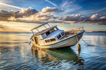 boat sink down in sea. Damaged ship accident