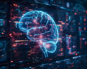 Obraz premium Futuristic Brain Scan with Holographic Data Overlays Illustrating Advanced Medical Technology