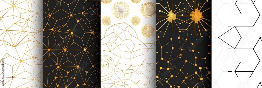 Poster set of three seamless patterns in white, black and gold featuring an elegant geometric pattern with 