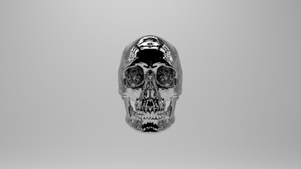 Chrome skull human cranium death head halloween black white reflections white background 3d illustration render digital rendering
