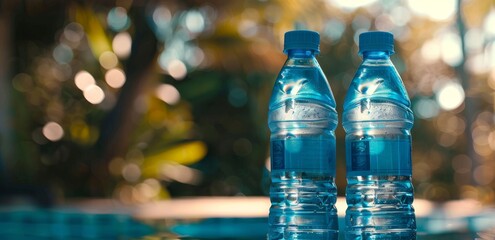 Two water bottles standing next to each other in outdoor setting with blurred background