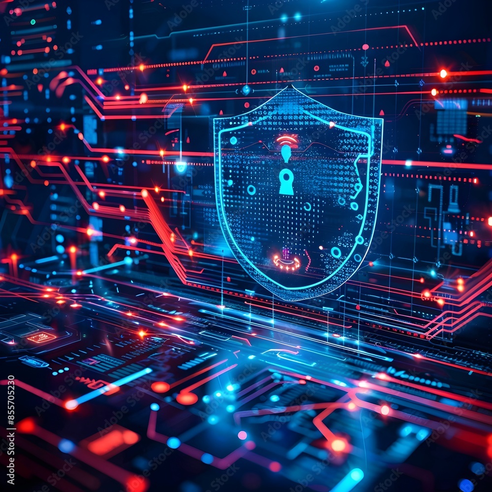 Poster visualizing ai driven cybersecurity as a digital fortress safeguarding sensitive data