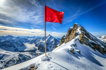 red flag fly on mountain peak. Achievement and success