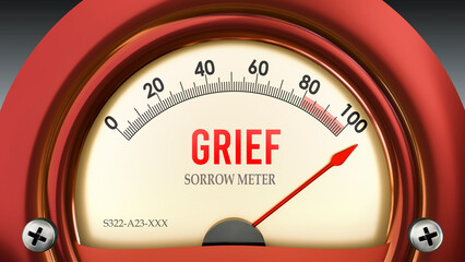 Fototapeta premium Grief and Sorrow Meter that is hitting a full scale, showing a very high level of grief, overload of it, too much of it. Maximum value, off the charts. ,3d illustration