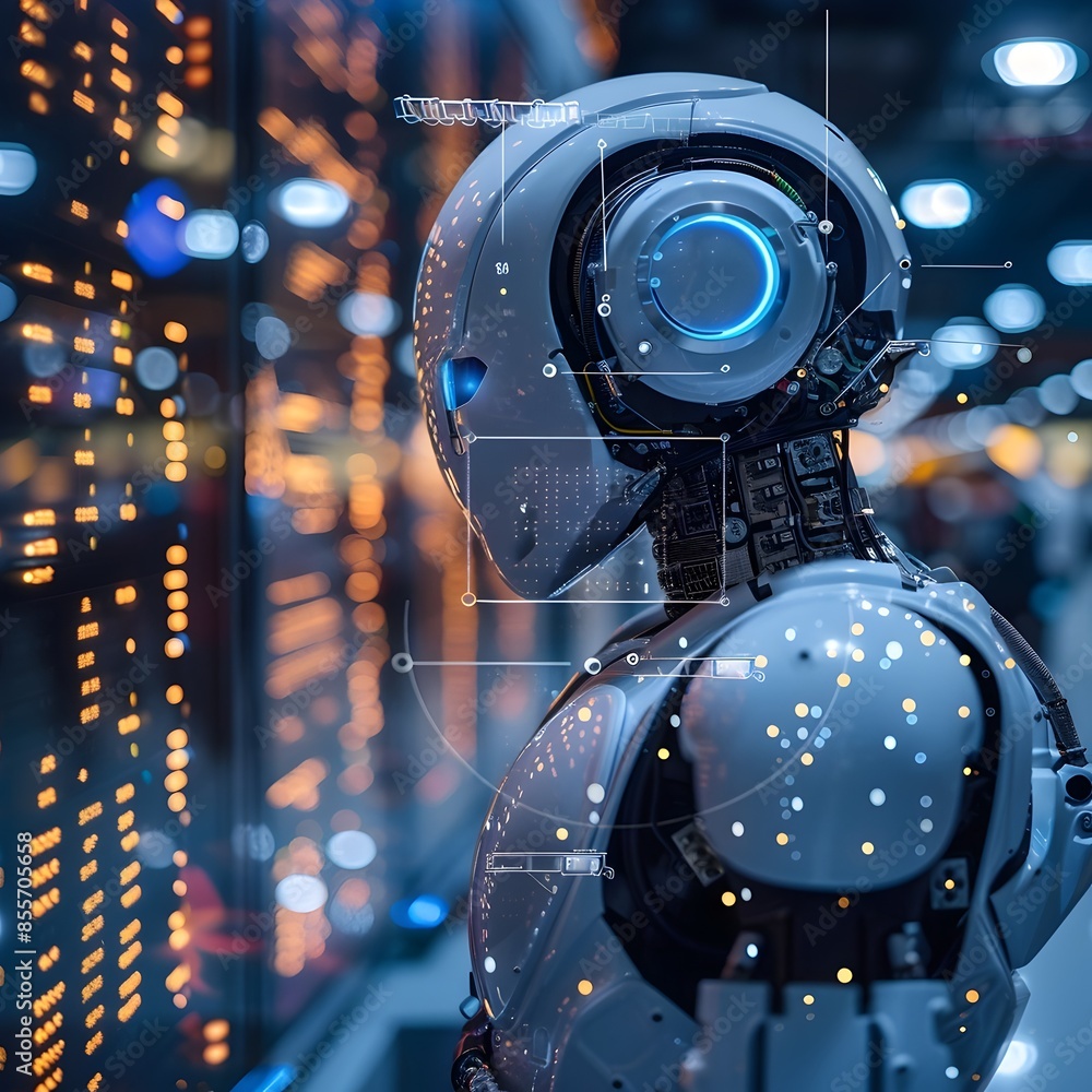 Poster ai powered futuristic robot curating personalized digital media playlists for users