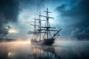 Fototapeta premium ghost ship sail on sea coverd in thick fog. Marine supernatural phenomena