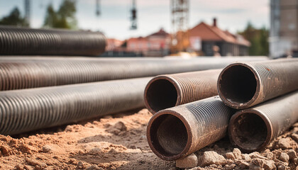 Old rusty black metal pipes on sand, construction site in the background. Building or repair works.