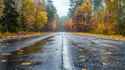 Fototapeta premium Low Angle View of Wet Road in Autumn Forest on Rainy Day