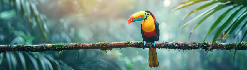 A toucan perched on a branch in a tropical forest.