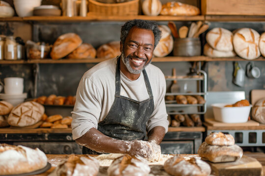 A smiling African American baker kneads dough in a rustic bakery, surrounded by freshly baked bread and traditional baking tools