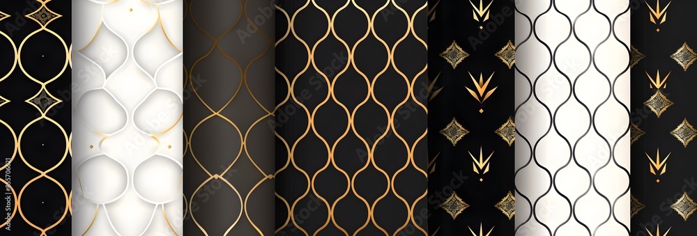 Poster set of three seamless patterns in white, black and gold featuring an elegant geometric pattern with 
