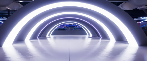 Obraz premium White background 3D room light abstract space technology tunnel stage floor. Empty white future 3D neon background studio futuristic corridor render modern interior silver road black wall design gray