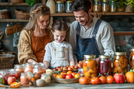 Happy family canning fresh vegetables together in a rustic kitchen, surrounded by jars of preserves and fresh produce