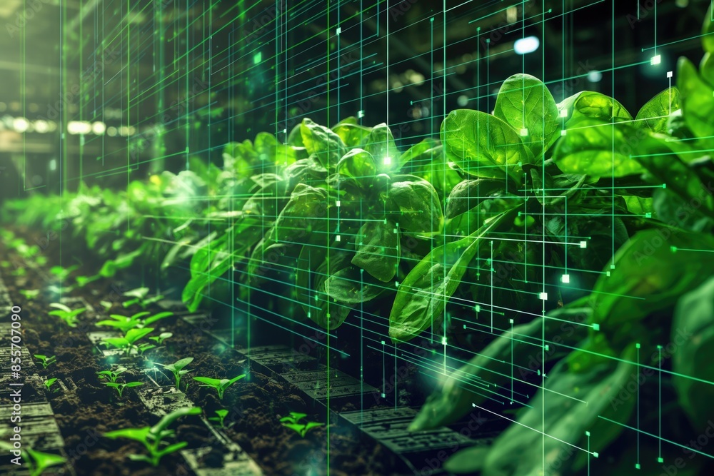 Poster smart farming technology in a greenhouse with digital overlay. modern agricultural practices using a