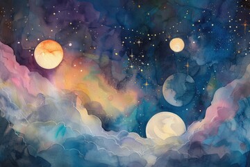 Obraz premium Vibrant watercolor painting of a dreamy night sky, featuring glowing moons and stars, surrounded by colorful clouds in a celestial atmosphere.