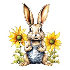Obraz premium Cute bunny with sunflowers watercolor illustration, animals and farm clipart