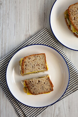 Homemade Pickle Sandwich with Mayo and Cheese on a Plate, top view. Copy space.
