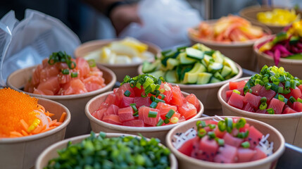 Obraz premium Biodegradable boxes filled with colorful poke bowls, perfect for on-the-go dining.