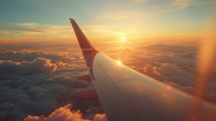 Obraz premium Airplane wing soaring above sunset clouds. Generative by AI