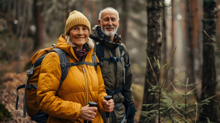 Fototapeta premium Elderly couple hiking deep woods. Generative by AI