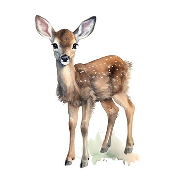 watercolor fawn standing on grass clip art preview