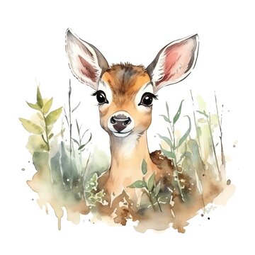 watercolor fawn in grassy setting clip art preview