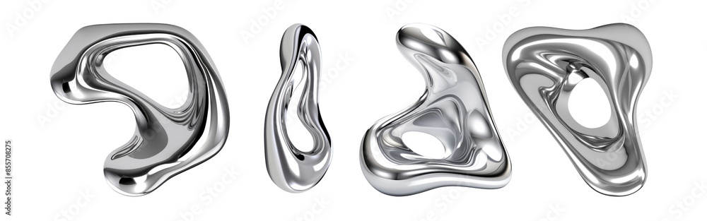 Poster abstract shape 3d chrome material png on transparent background
