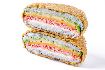 A creative sushi burger dish with fresh salmon slices as buns and sesame rice as toppings.