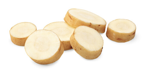 sliced parsnip root isolated on white background. clipping path