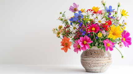 Obraz premium A vibrant bouquet of summer wildflowers in a ceramic vase against a white background