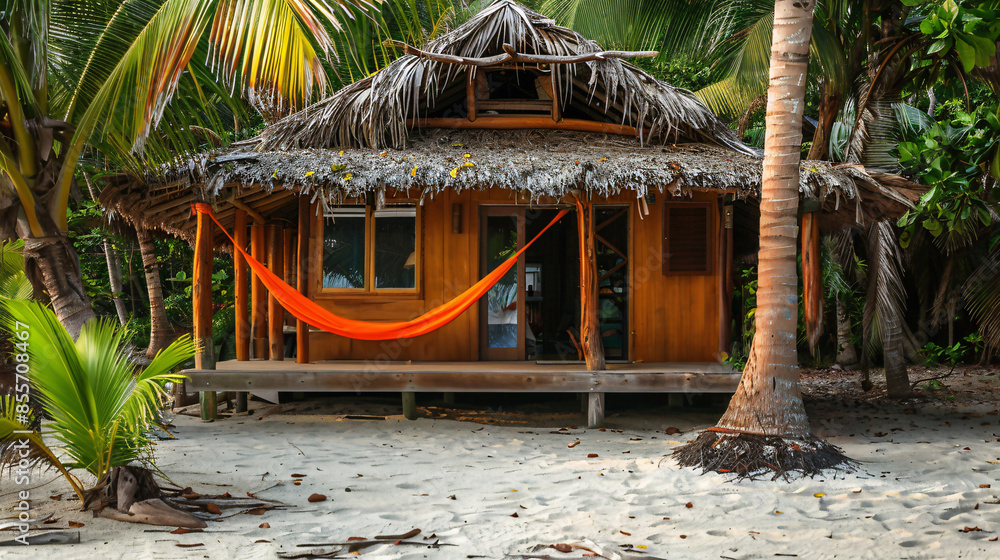 Poster small hut with hammock on beach. generative by ai