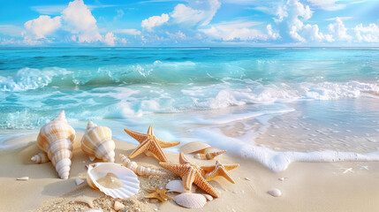 Seashells and Starfish on Sunlit Tropical Beach